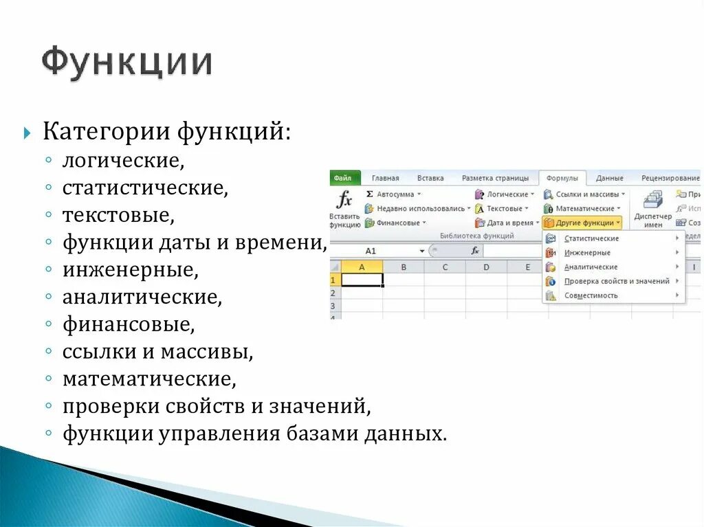 С помощью встроенной функции. Встроенные функции в электронных таблицах. Встроенные функции базы данных. Функции категорий ссылки и массивы. Категории встроенных функций.