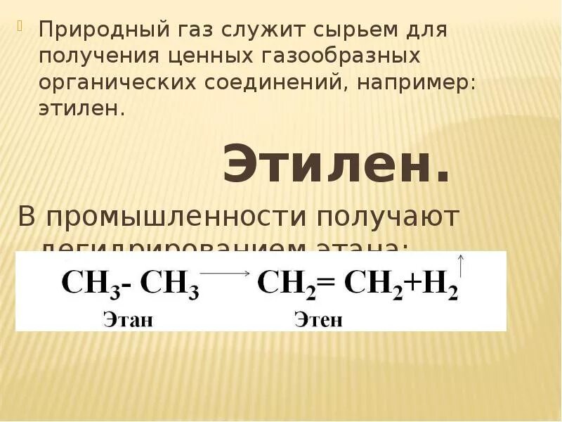 Этилен. Реакция дегидрирования этана. Получение этилена в лаборатории. В промышленности Этилен получают. Газообразные органические соединения