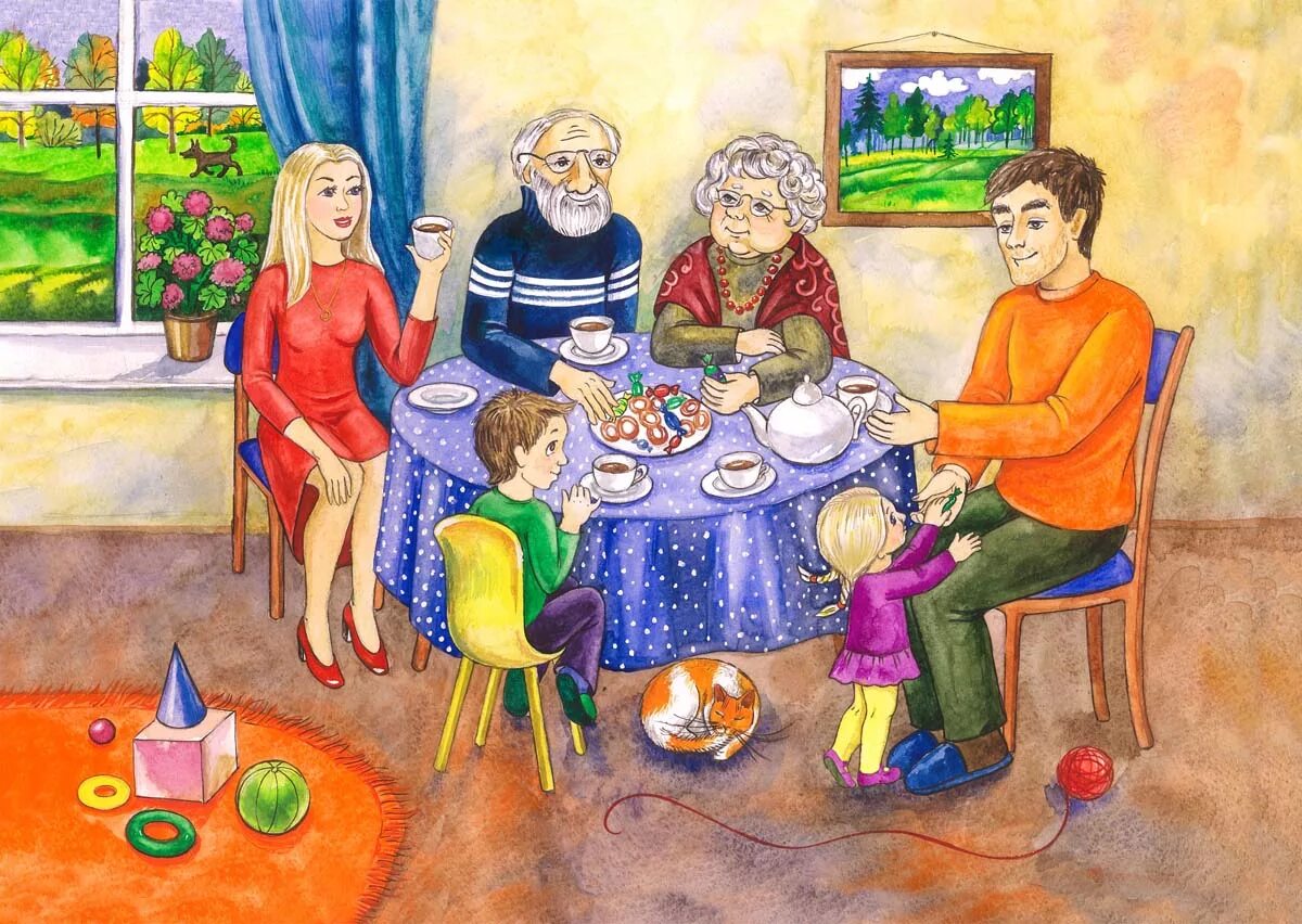 Гости тематическая неделя. Семейные традиции рисунок. Сюжетная картина семья. Моя семья. Рисунок на тему моя семья.