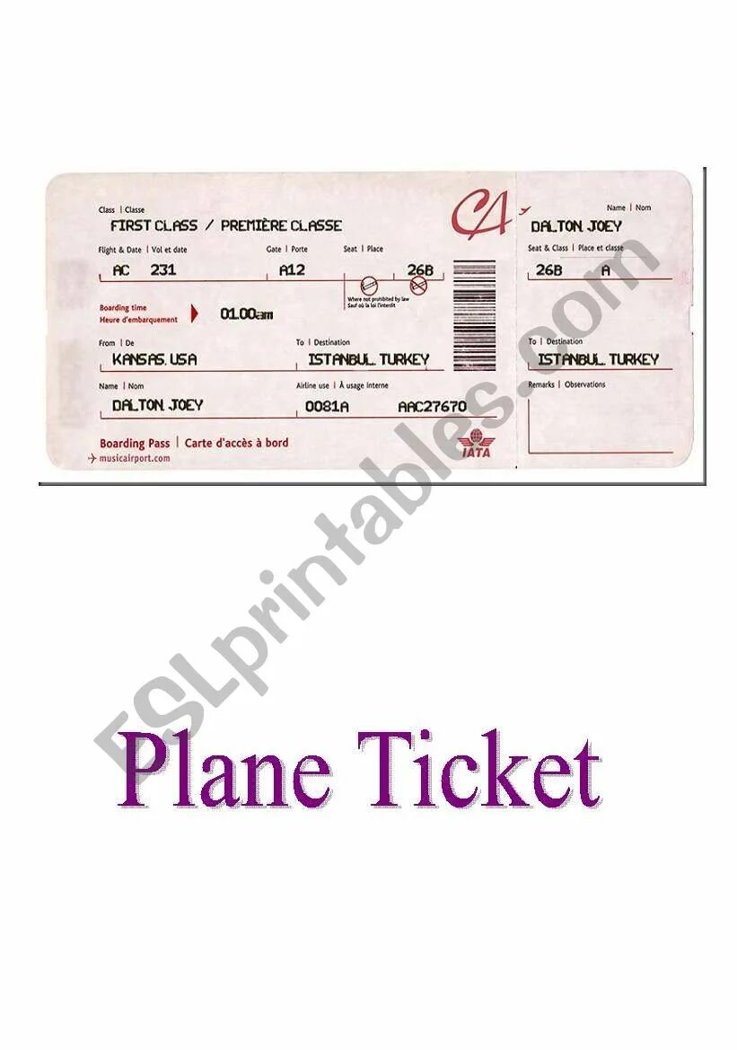 Ticket на английском. Airplane ticket ESL. Ticket Worksheet.