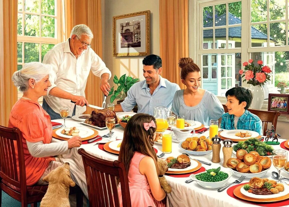 Воскресные гости. Семья за праздничным столом. Семья обедает. Семья за обеденным столом. Семейный ужин.