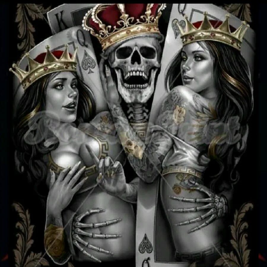 Король и две дамы тату. Король и две дамы. Чикано карты дама король. Скелет и две дамы. Скелет король и две дамы.