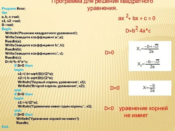 Напишите программу которая находит корни квадратного уравнения