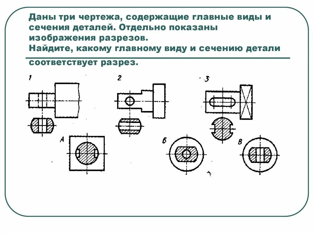 Какие разрезы изображены на рисунке. Чертеж 3х сечений болта. разрез детали на чертеже. сечение на чертеже. разрезы и сечения на чертежах.