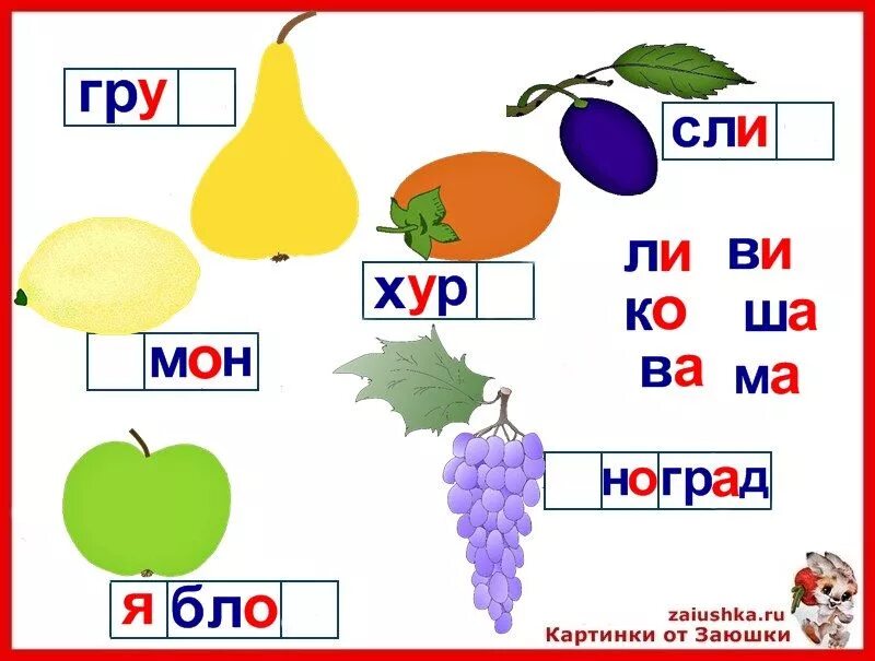 Слоги слова цель. Игра слоги карточки. Игры со слогами для дошкольников. Пропущенные слоги с картинками. Фрукты по слогам.