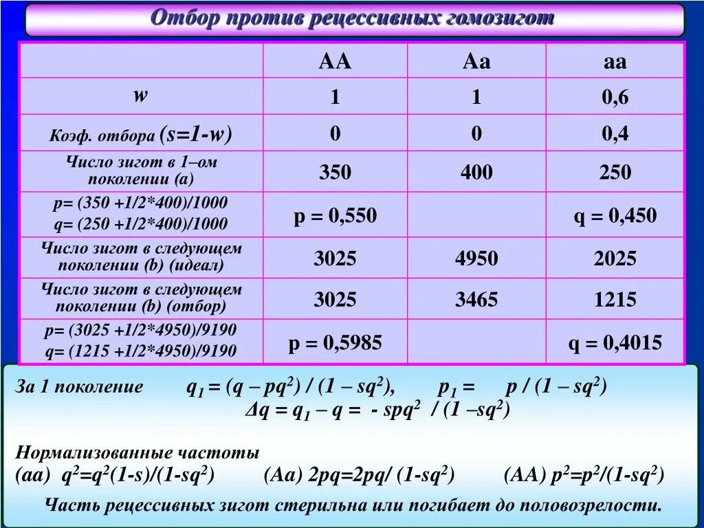 Рассчитайте частоту гомозигот. Отбор против рецессивов. Отбор против рецессивного аллеля. Отбор против рецессивных гомозигот. Отбор против гетерозигот.