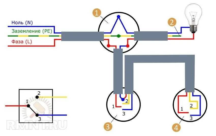 Схема проходных выключателей с 2 лампами. Проходной переключатель схема подключения на 1 лампу. Схема подключения кабеля проходного выключателя. Схема подключения коробки проходного переключателя. Соединение проходного выключателя