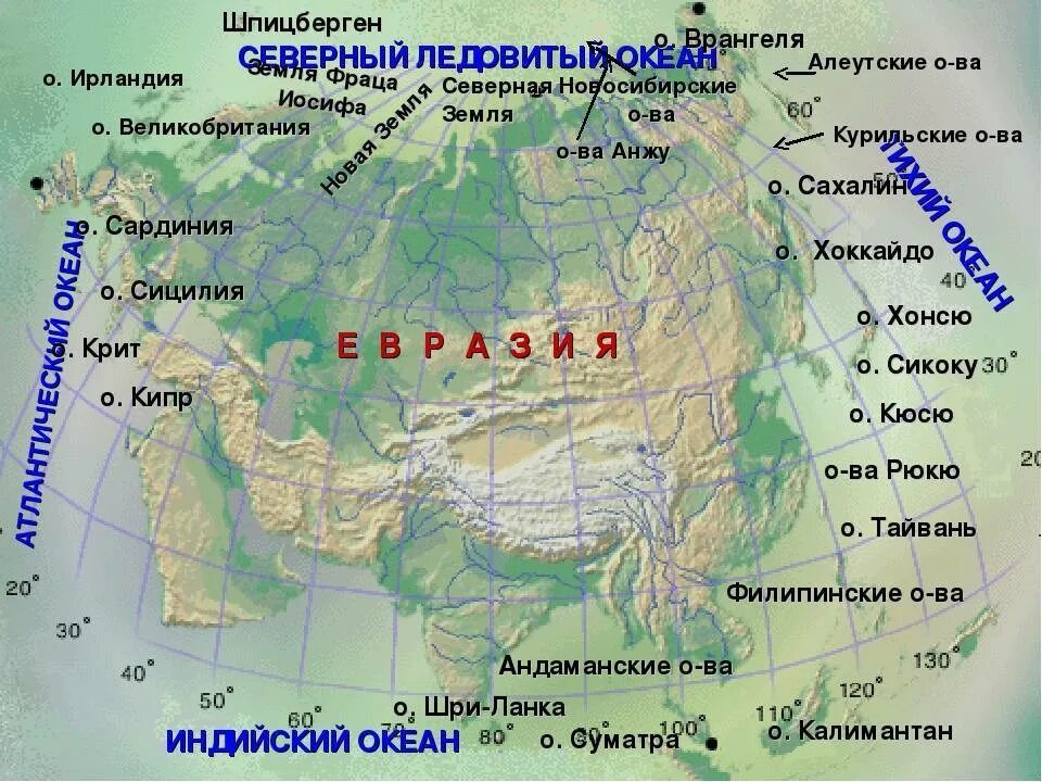 Какие объекты расположены на евразии. Моря океаны заливы проливы Евразии. Заливы и проливы Евразии на карте. Географическое положение Евразии моря заливы проливы. Острова и полуострова Евразии.