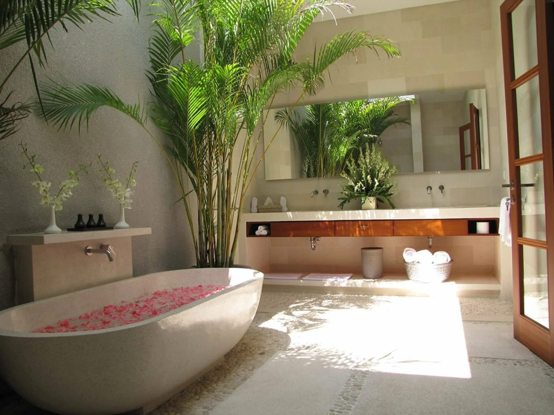 Ванна на вилле. Ванная в балийском стиле. Ванна в стиле Бали. Ванна в тропическом стиле.