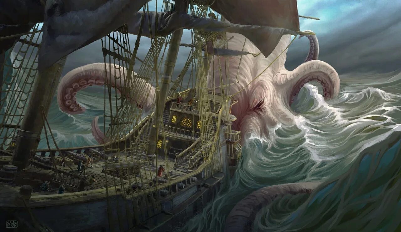 Гигантский осьминог Кракен. Морское чудовище.. Кракен арт фэнтези. Кракен и корабль арт. Кракен мифическое существо.