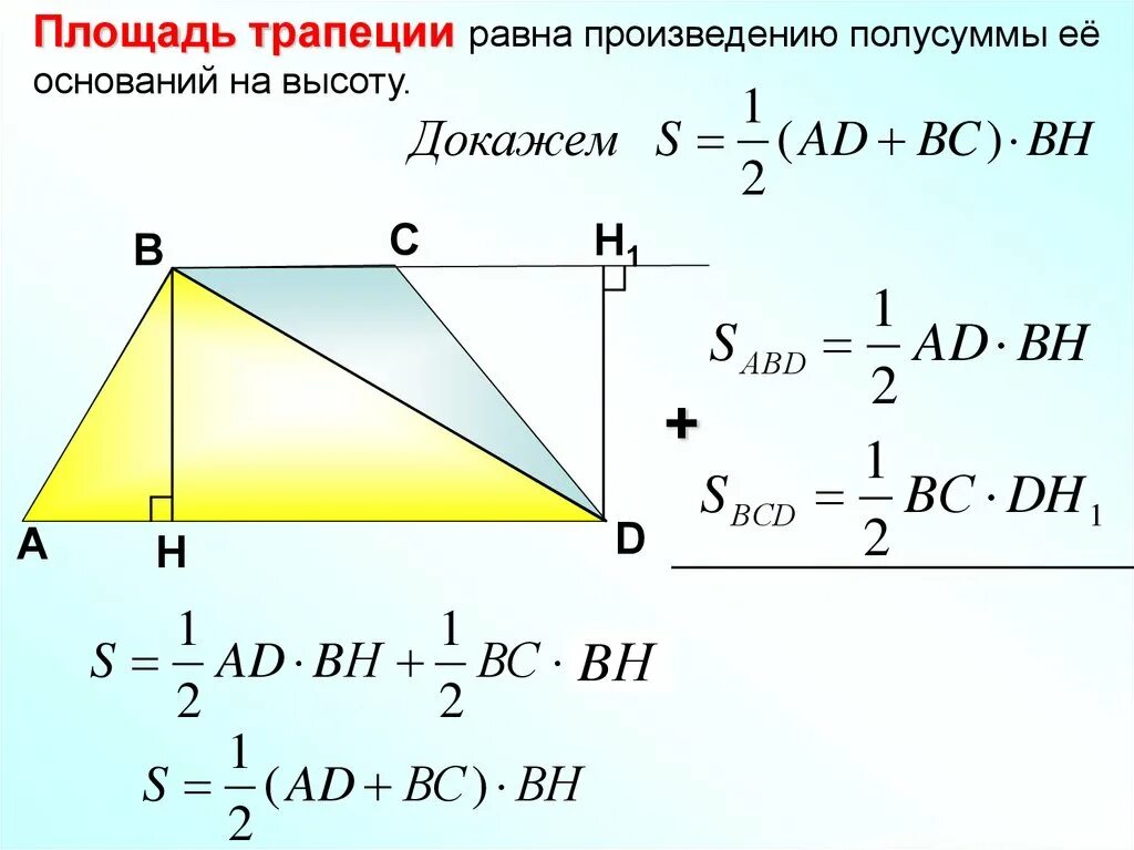 Формула нахождение площади треугольной трапеции. Формула нахождения площади трапеции 8 класс геометрия. Площадь трапеции 8 класс. Площадь трапеции доказательство. Произведения полусумма оснований на высоту