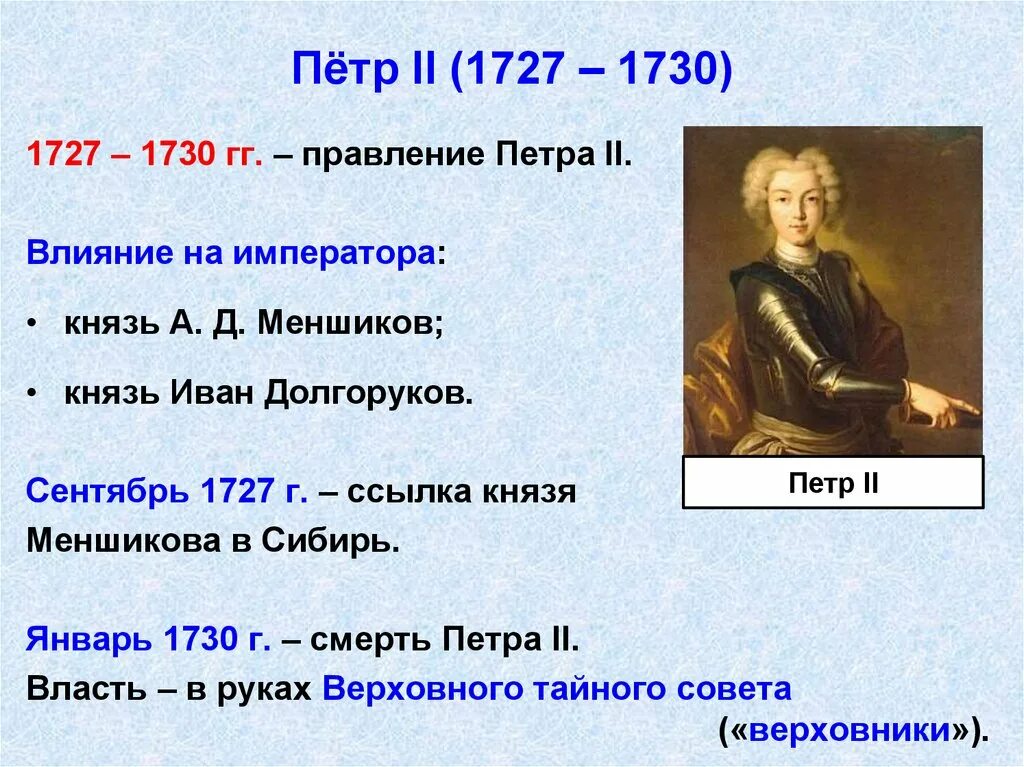 Годы жизни петра 2. 1727-1730 Правление Петра 2. Основные события царствования Петра 2.