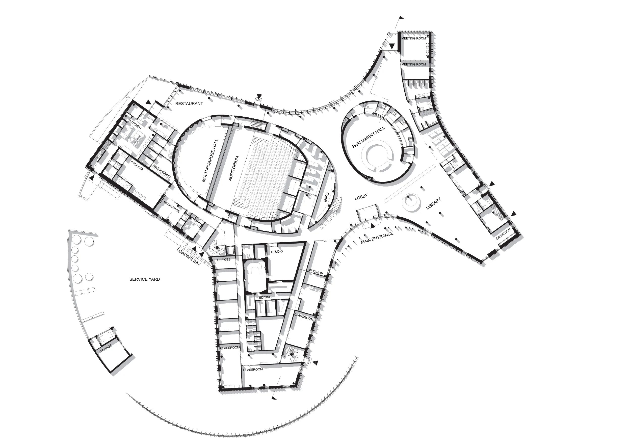 Plan формы. Sami Cultural Centre sajos. Необычные планировки зданий. Полукруглый план. Планировка общественного здания.