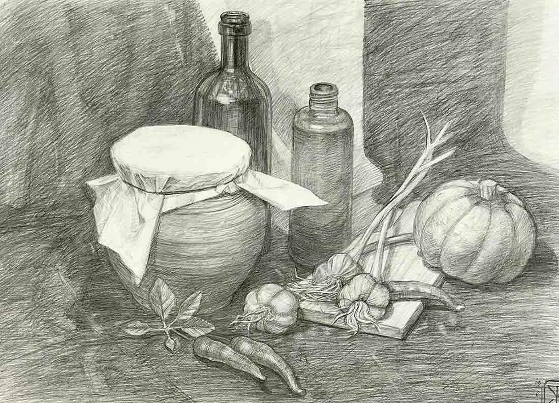 художественные работы карандашом. натюрморт. натюрморт карандашом. автор борис михайлович лесняк. натюрморт графика.