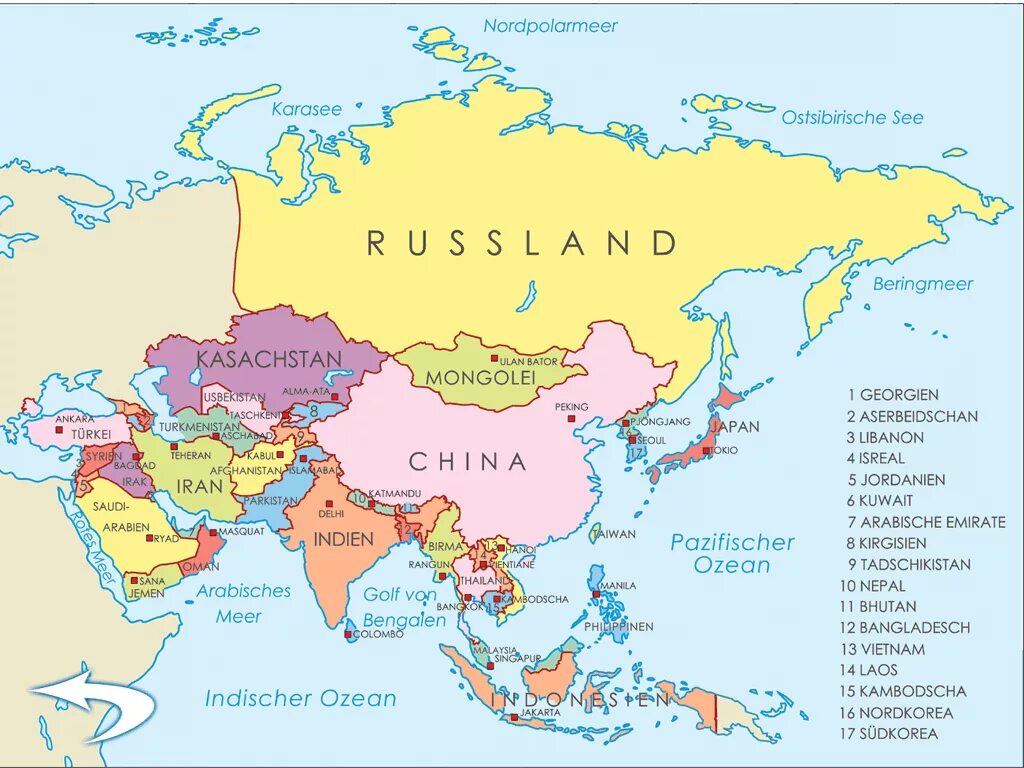 Политическая карта Азии. Карта Азии со странами. Карта Евразии Азии с странами и столицами. Карта Восточной Азии со странами крупно на русском.