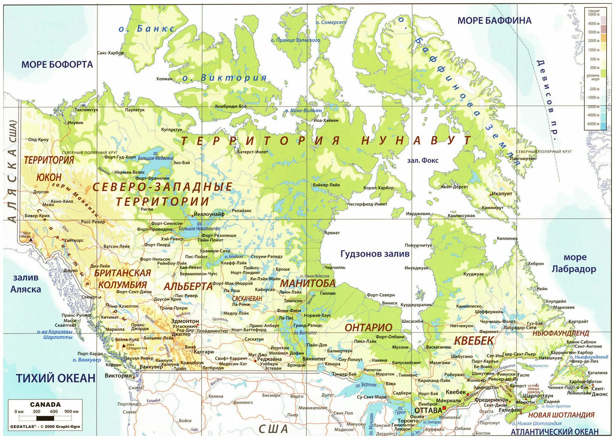 Олбани какой океан. Физическая карта Канады. Подробная физическая карта Канады. Физико-географическая карта Канады. Карта Канады географическая.