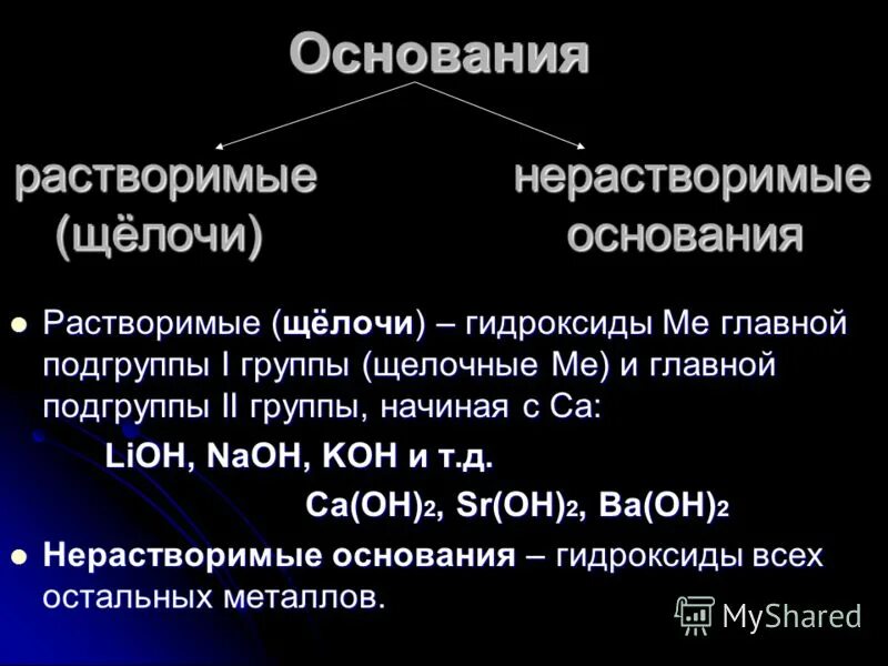 Сходства и различия групп оксидов. Растворимые щелочи. Гидроксиды щелочи.