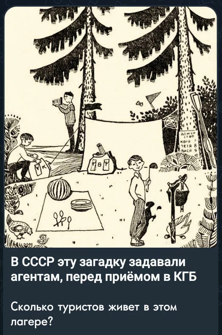 Головоломка сколько туристов живет в этом лагере. Головоломка про туристов 9 вопросов. Головоломка СССР про туристов. Загадка СССР про туристов. Картинка загадка перед приемом в кгб