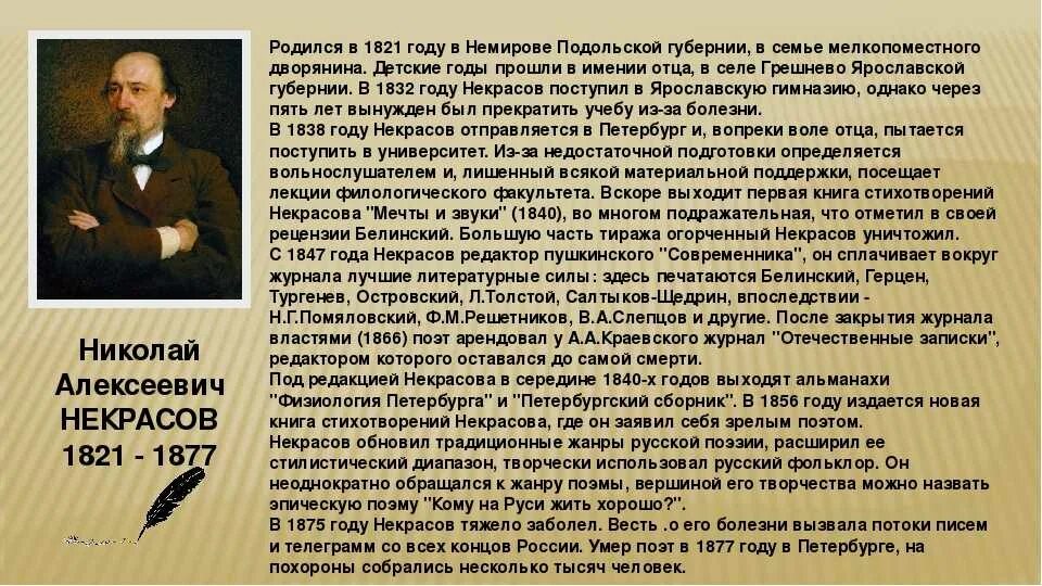 Судьба николая алексеевича. Сообщение о Некрасове 6 класс кратко.