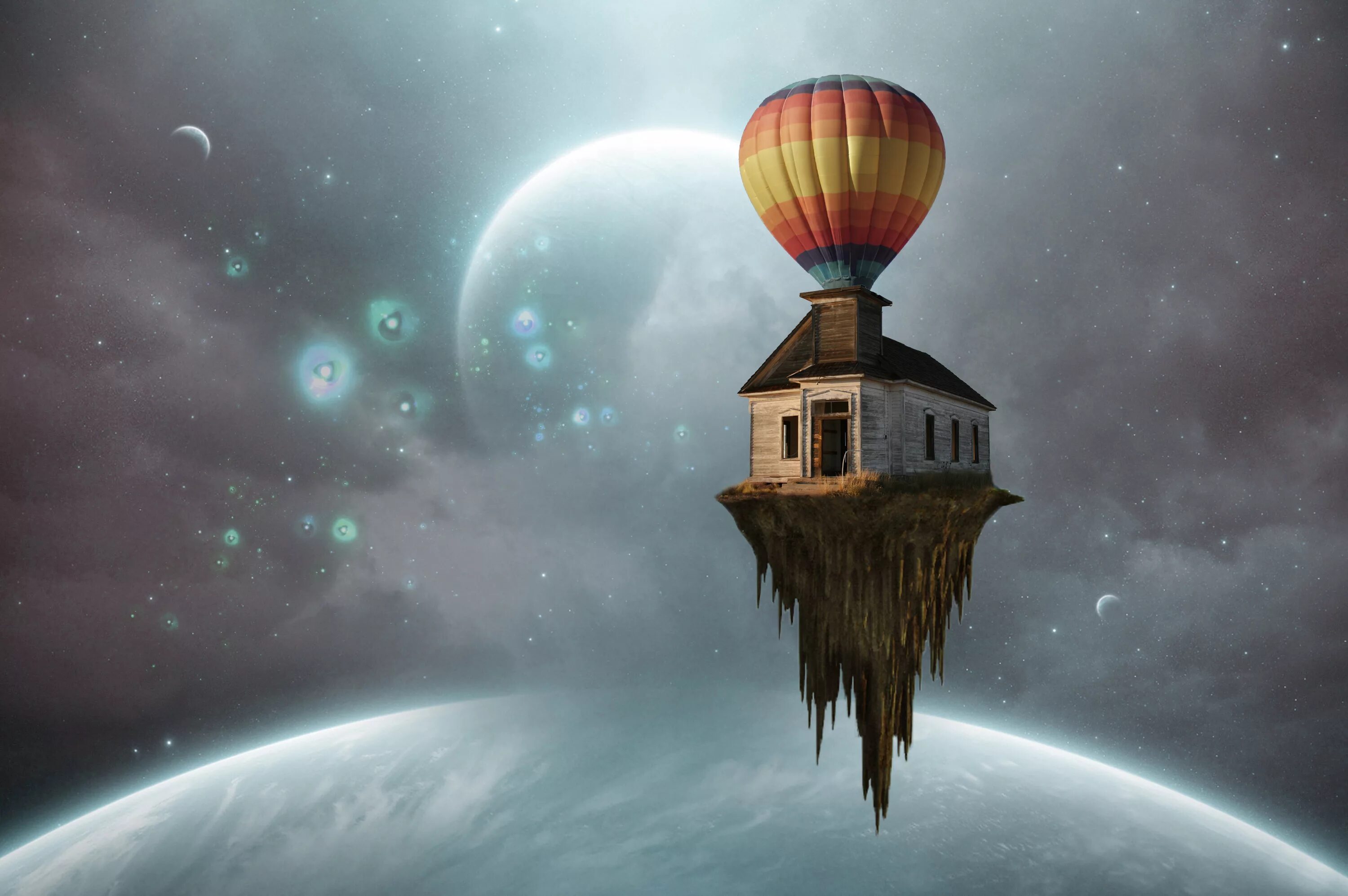 Луна воздушный шар. Фантастический воздушный шар. Космический домик. Домик в космосе. Летающая Планета.