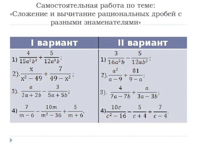 Дроби с ответами 8 класс. Алгебра 8 класс сложение и вычитание дробей с разными знаменателями. Разность дробей с разными знаменателями 8 класс. Сложение и вычитание дробей с разными знаменателями 8. Сложение и вычитание дробей с разными знаменателями 8 класс задания.