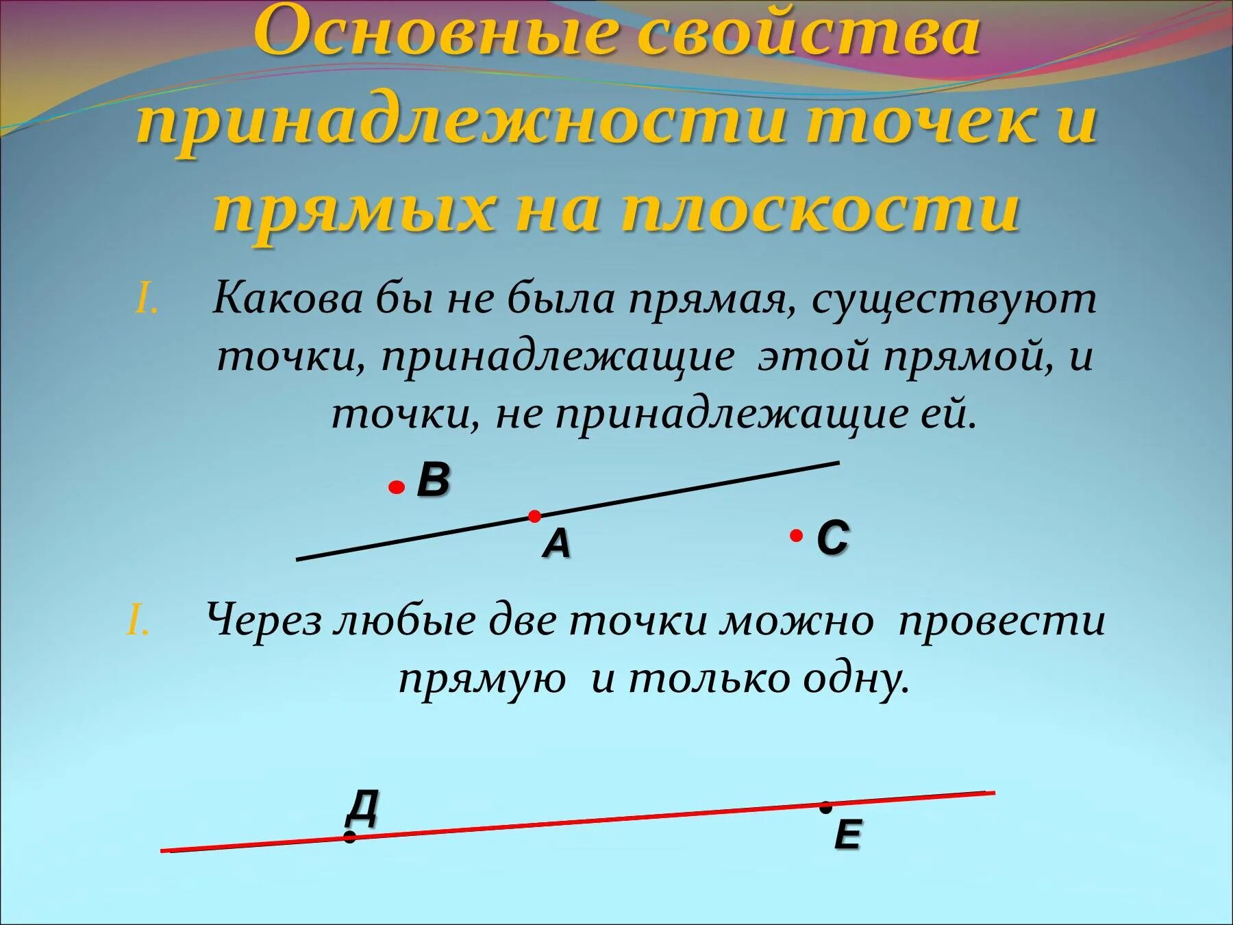 Прямая. Прямая и точки принадлежащие этой прямой. Основное свойство принадлежности точек и прямых. Точка на прямой.