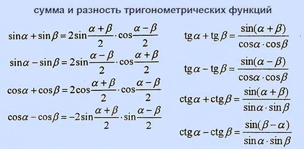 Формулы суммы и разности тригонометрических функций. Формулы суммы и разности аргументов тригонометрических функций. Тригонометрические формулы суммы и разности углов. Формулы суммы и разности тригонометрия. Формулы произведения тригонометрических функций