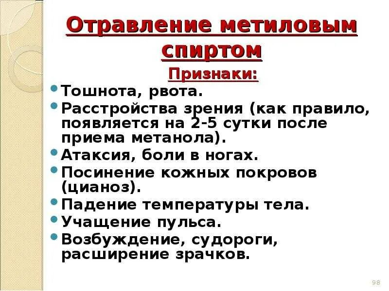 Признаки метанола