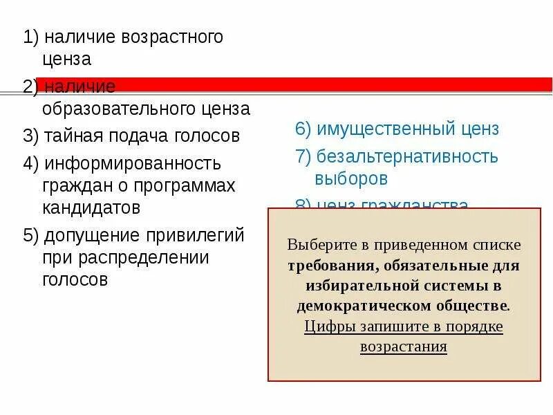 Политические цензы. Наличие образовательного ценза. Допущение привилегий при распределении голосов. Информированность граждан о программах кандидатов. Наличие возрастного ценза.