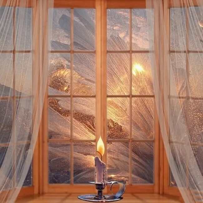 Растаете от тепла. Зимнее окно. Зимнее окно с занавесками. Морозное окно. Зимнее окно со шторами.