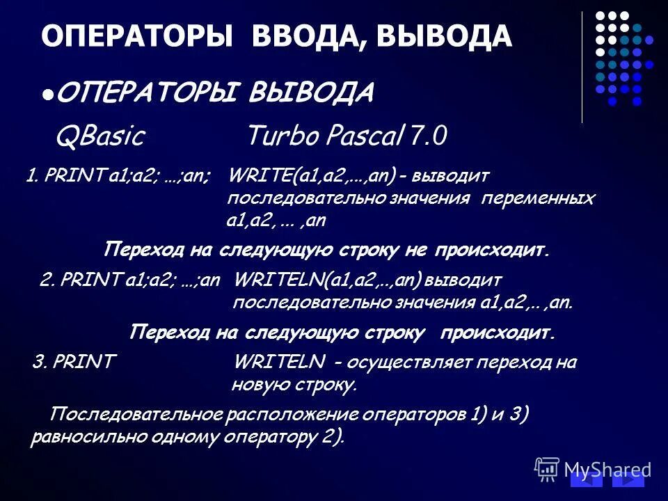 Записать операторы ввода вывода