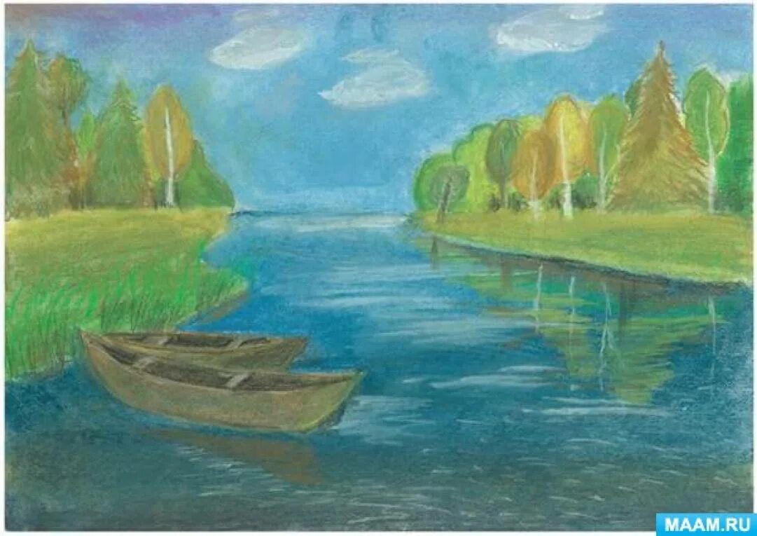 Рисование реки. Пейзаж с водным простором. Рисунок на тему река. Детские рисунки реки.