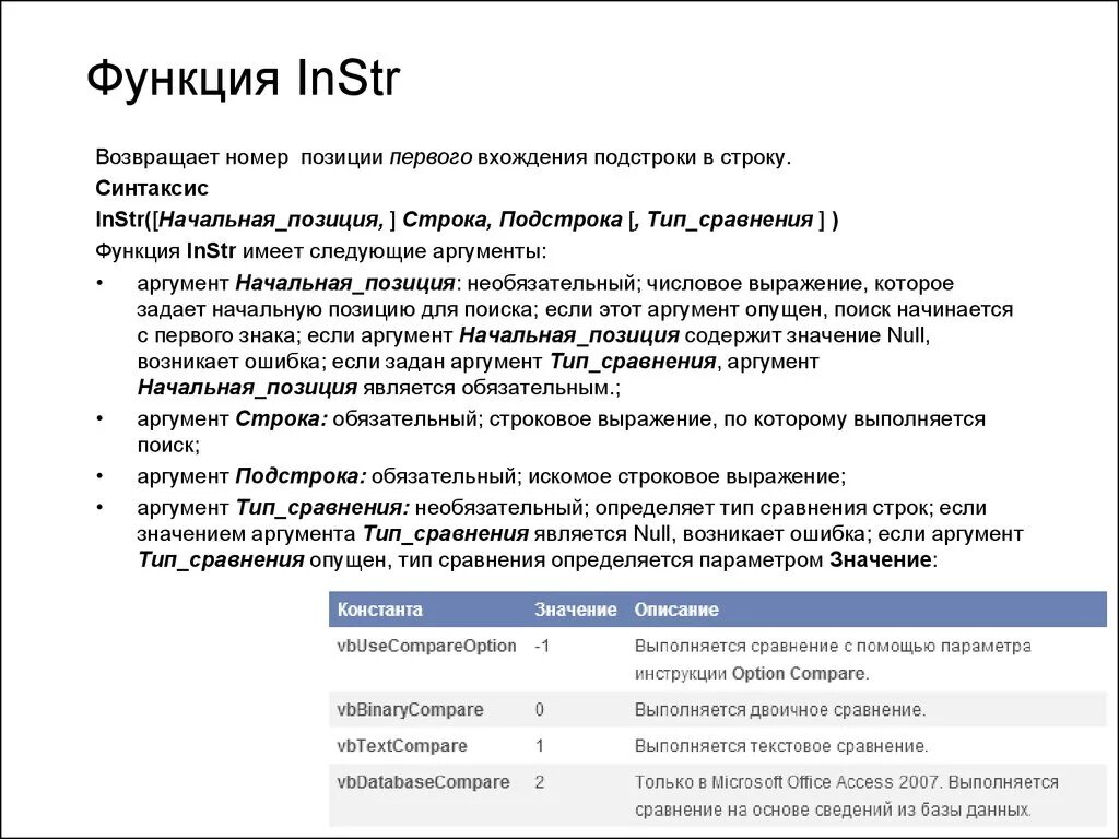 Функция instr. Число аргументов функции vb instr. Типы функций SQL instr. Функция instr vba. Возвращает подстроку