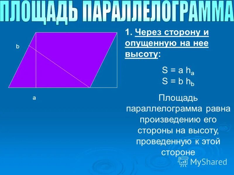Площадь через сторону и высоту. Формула площади параллелограмма через диагонали. Площадь параллелограмма формула с диагоналями. Площадь параллелограмма формула через стороны. Формула нахождения площади параллелограмма.