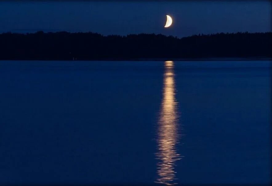 Вдали светит луна. Ночь озеро Луна. Месяц над прудом. Лунная дорожка на озере. Отражение Луны.