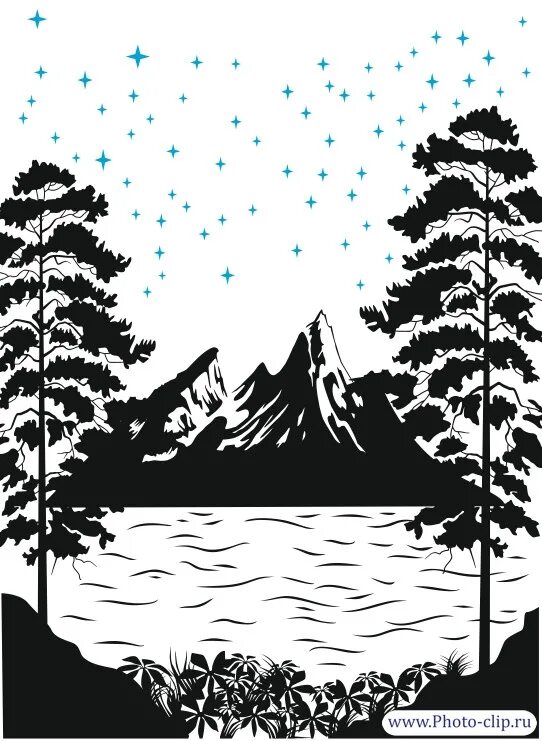Раскраска. Пейзаж силуэт. Трафарет природа. Силуэт леса. Пейзаж силуэт.