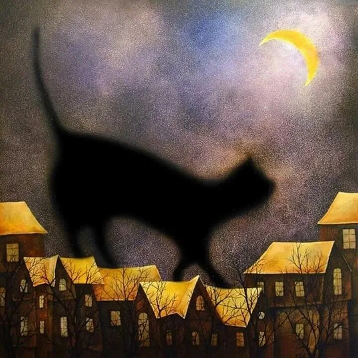 Спустившись с кровли кот сказал. Художник Nick Fedaeff. Ночной кот. Кот гуляет по крыше. Кот на крыше.