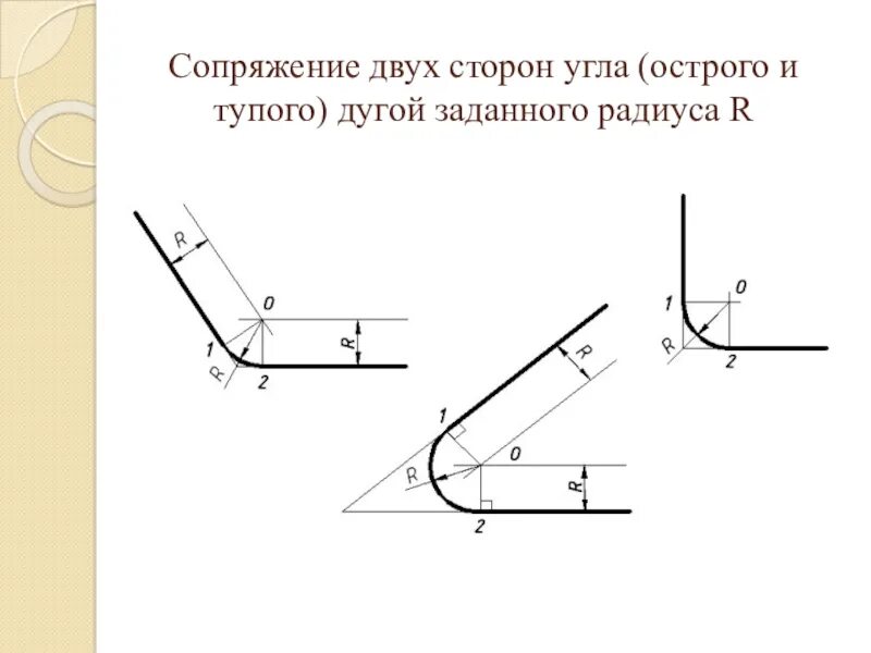 Чертеж сопряжения скругление углов. Сопряжение острого угла r=10 мм. Выполните сопряжение тупого прямого и острого углов. Построить сопряжение тупого угла r=10мм. Произведение угла на радиус