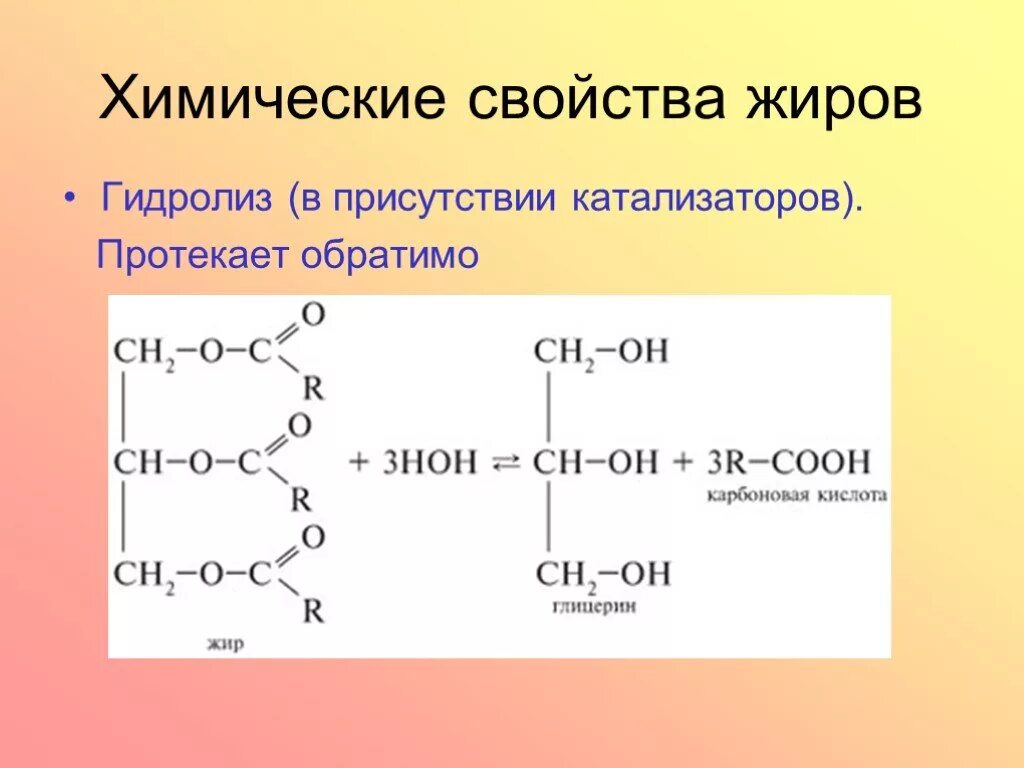 Полный гидролиз жиров. Каталитический гидролиз жиров. Жиры химические свойства. Жиры химия свойства. Жиры химия химические свойства.