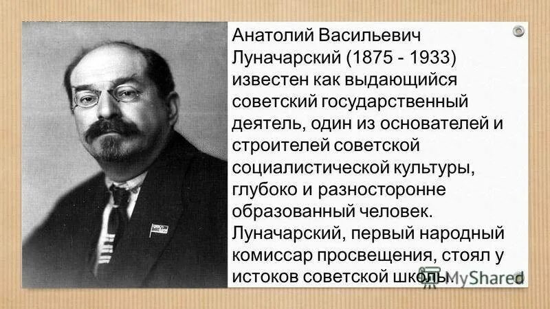 Анатолия Васильевича Луначарского (1875-1933). Народный комиссар Просвещения Луначарский. Первый нарком просвещения