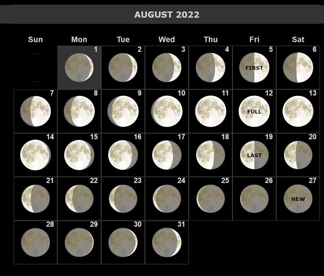 Какая луна будет 26. Moon phases Lunar Calendar 2022 год. Лунный цикл на август 2022. Лунный календарь на август 2022. Таблица новолуний и полнолуний на 2022 год.