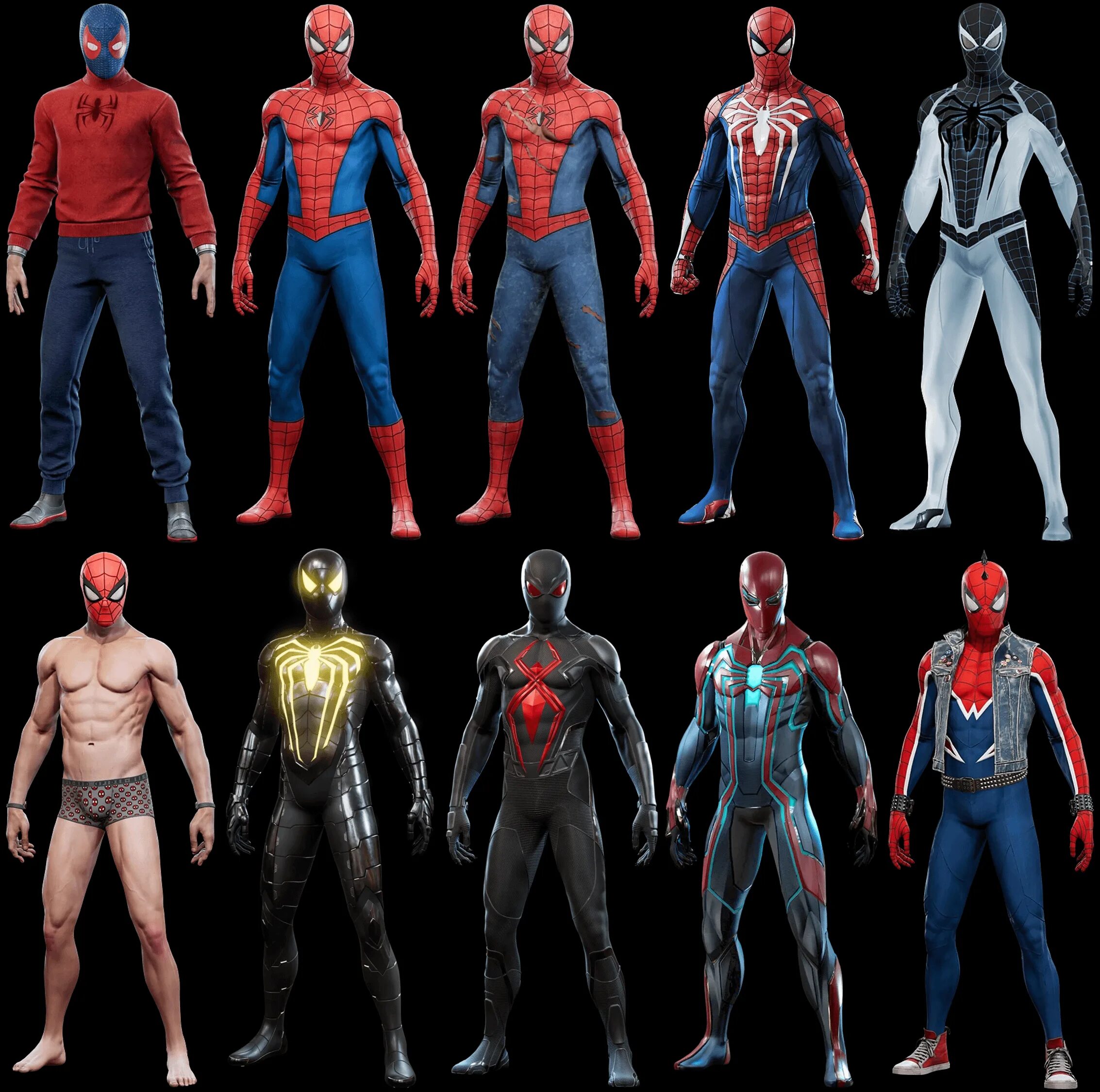 Новые костюмы человека паука 2. Spider man ps4 костюмы. Ultimate Spider man костюмы. Стелс костюм человек паук ps4. Костюмы человека паука ps4 дополнение.