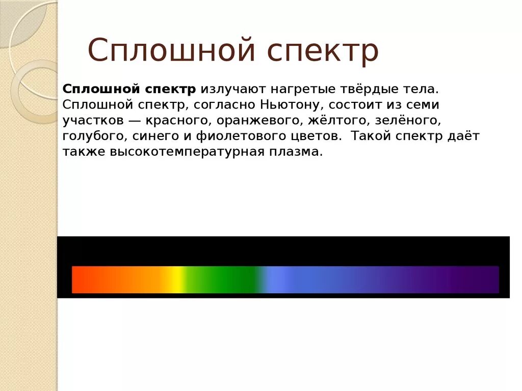 Каким образом можно наблюдать спектр непосредственно. Сплошной непрерывный спектр физика 9 класс. Сплошной спектр излучения. Сплошные спектры. Сплошной спектр излучают нагретые.