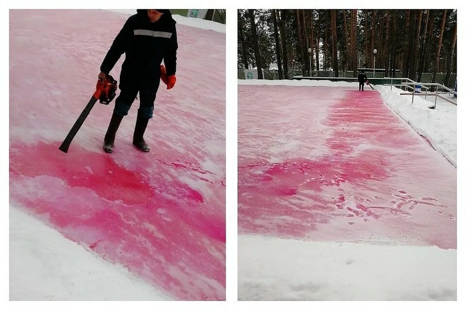 Выпал розовый снег. Каток Железногорск Красноярский край. Розовый снег. Крашеный лед.