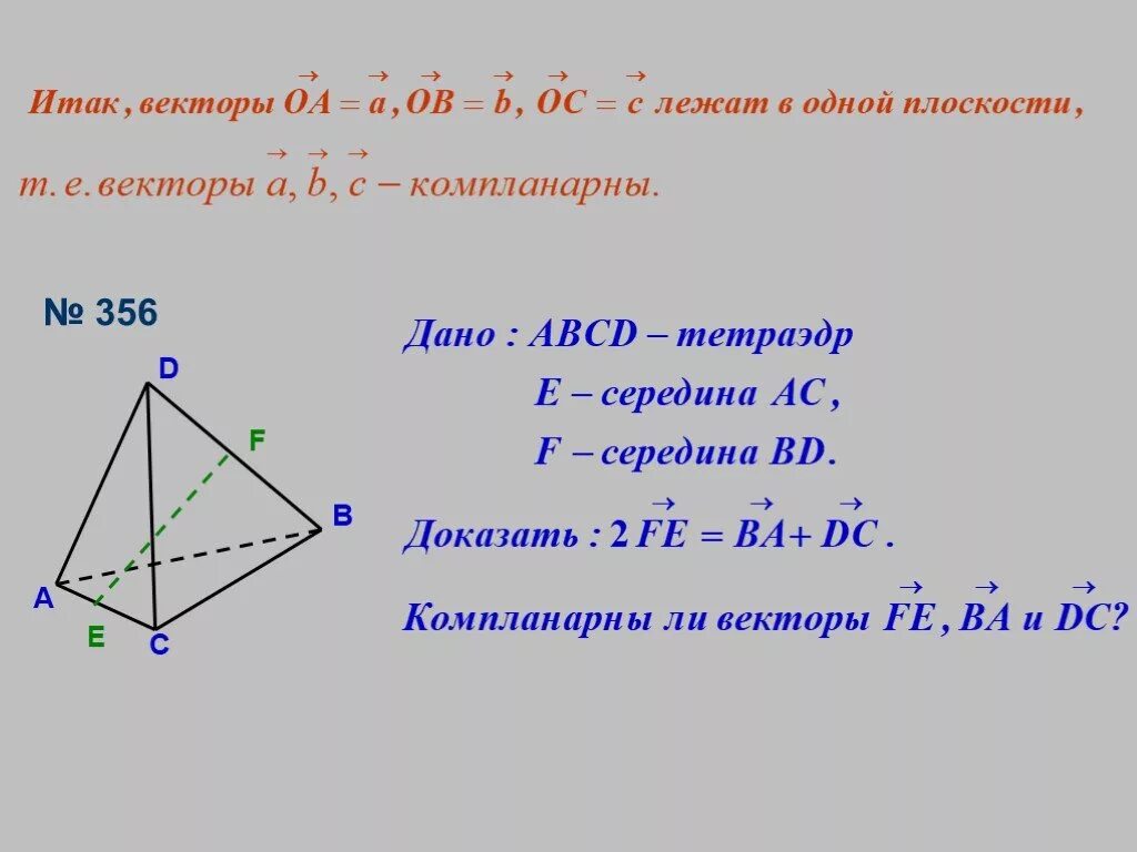 Векторы компланарны. Компланарные векторы в тетраэдре. Компланарность векторов в тетраэдре. Векторы лежат в одной плоскости.