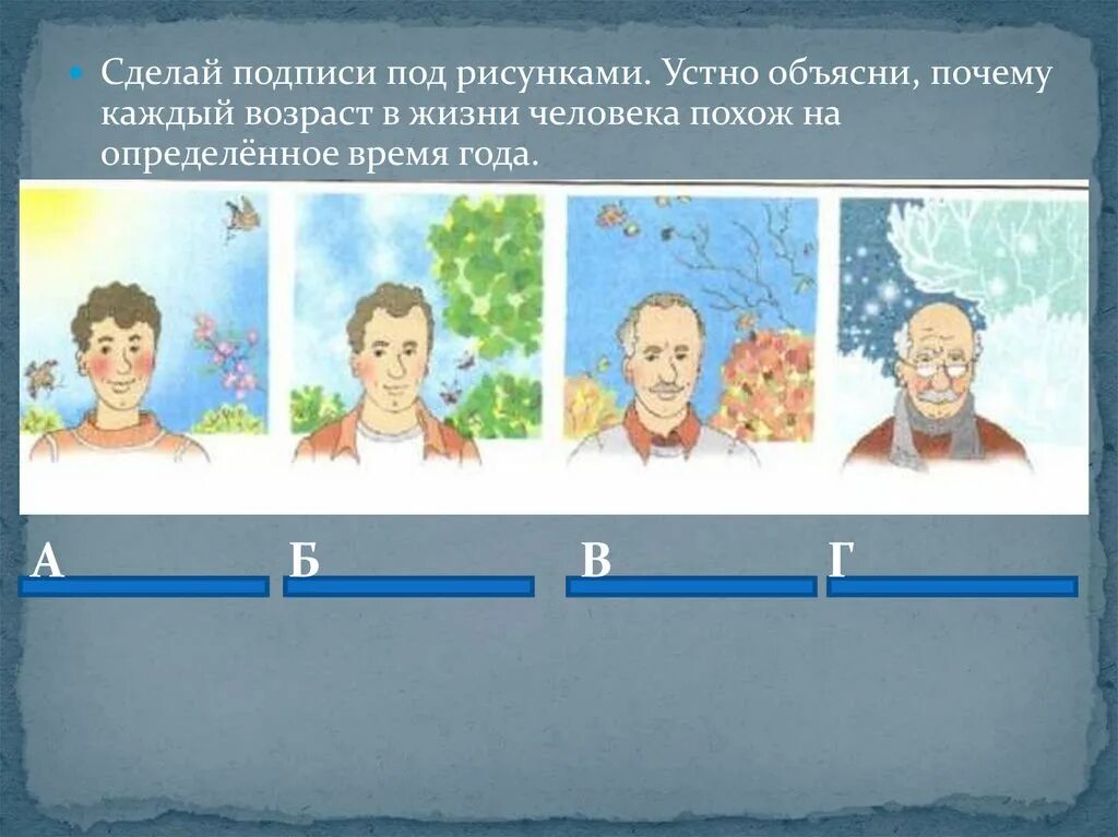 Сделай подписи под рисунками. Возраст человека. Возраст человека по временам года. Сделай подпись к каждой иллюстрации. Возраст человека 41 год