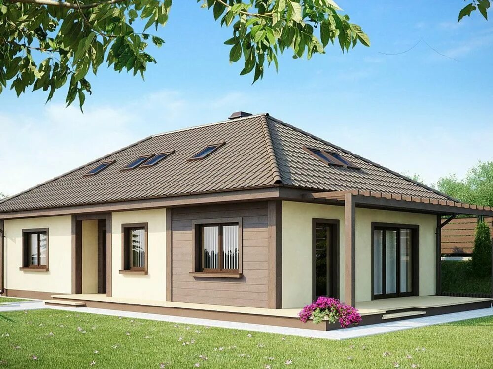 Z500 проекты одноэтажных с мансардой. Z500 дом с мансардой с гаражом. Комбинированный фасад. Коттедж 1 этажный. Дом из газобетона 110 кв м одноэтажный.