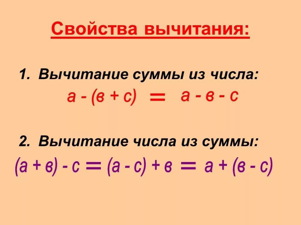 Правило вычитания суммы из числа 5 класс. Свойства сложения вычитание суммы из числа. Свойство вычитания суммы из числа 5 класс. Формулы вычитания числа из суммы и суммы из числа. Вычитание низкий включенный