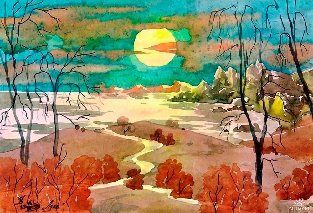 Рисунки поздней. Пейзаж по представлению. Пейзажи гуашью поздняя осень. Поздняя осень акварель для детей. Осенний пейзаж в холодной гамме акварель.