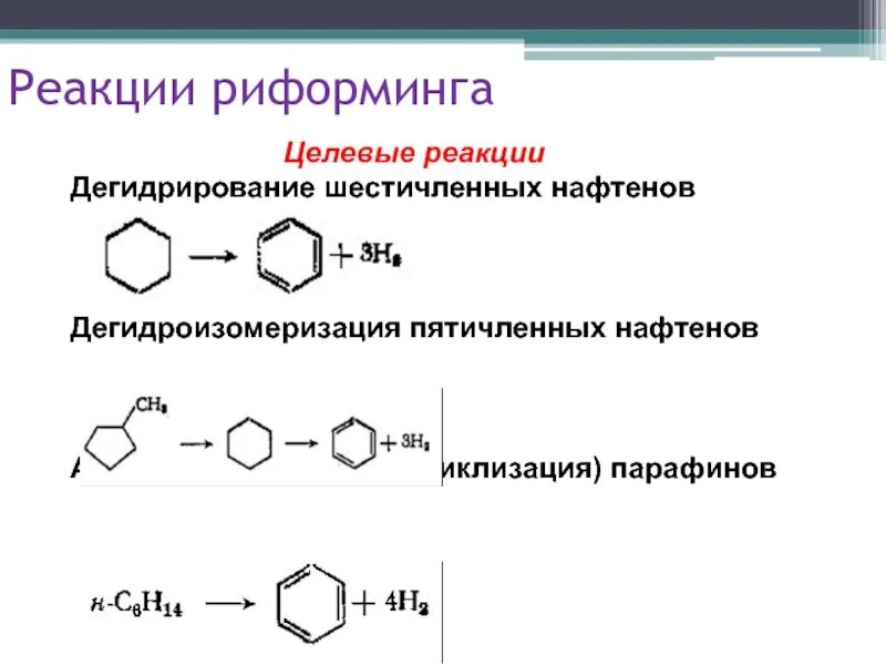 Бензол реакция дегидрирования. Дегидроциклизация нафтенов. Ароматизация (дегидроциклизация) парафинов. Риформинг Ароматизация нефти. Риформинг нефти реакции.